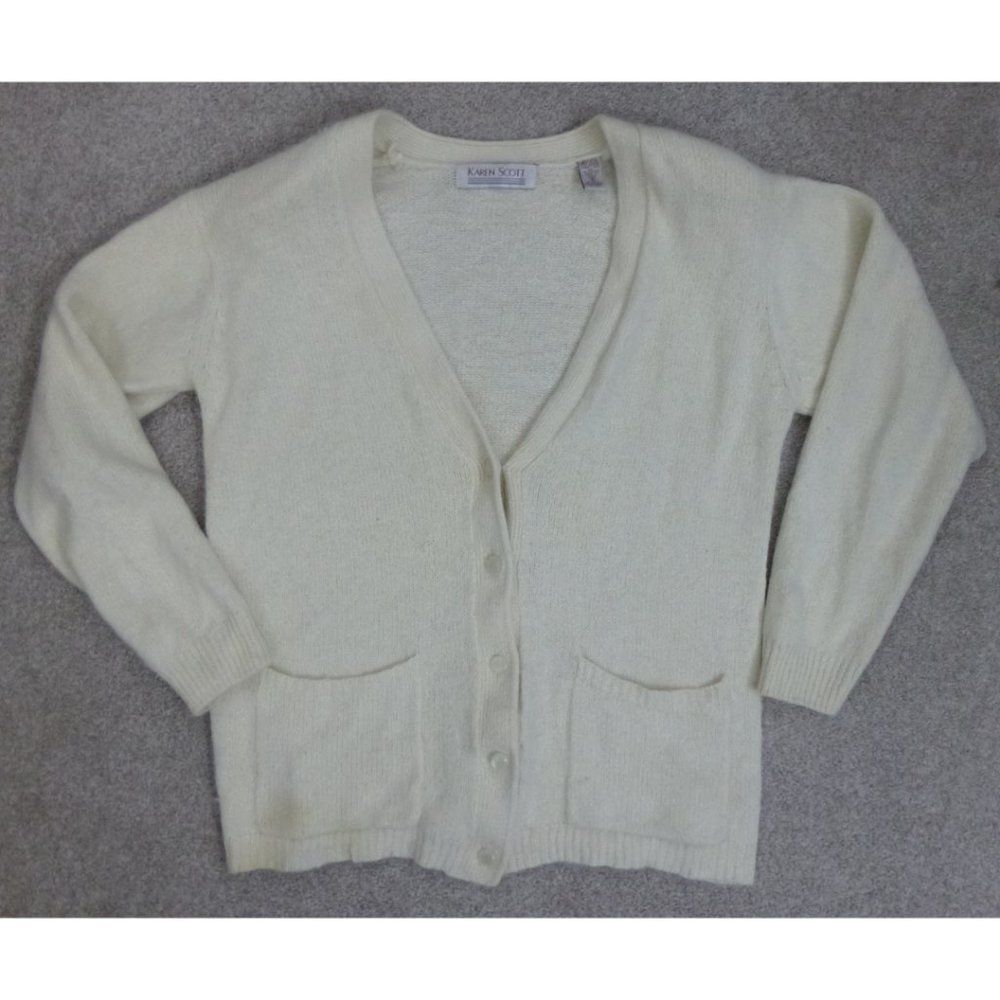 Karen Scott Silk, Nylon, Rabbit Hair, and Lamb Wool Blend Cardigan (2 Stains)